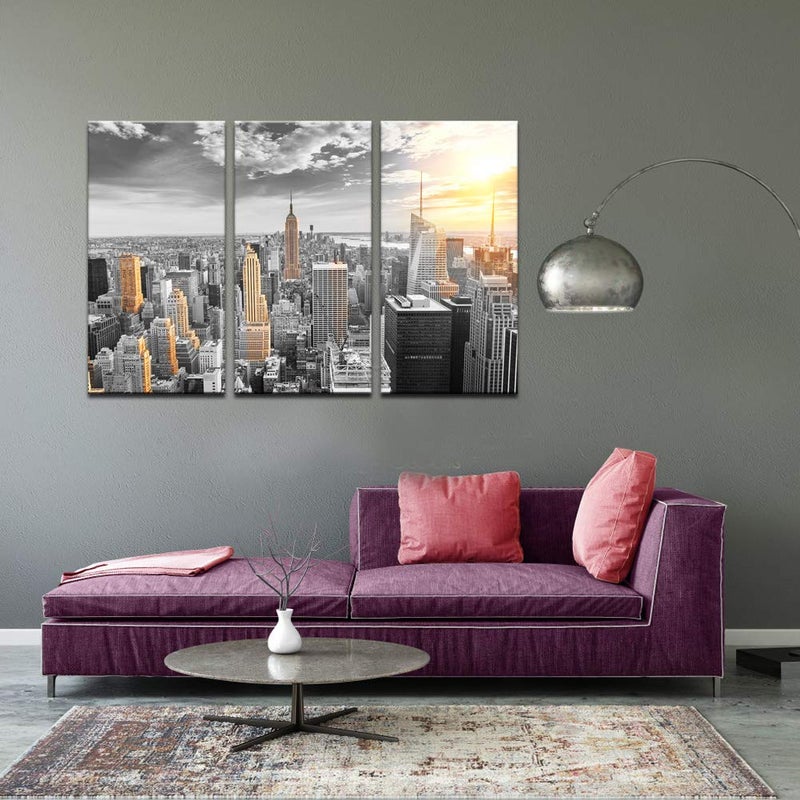 LevvArts Large 3 Piece New York City Canvas Wall Art Modern Black and White NYC at Gold Sunset Picture Prints Cityscape Skyline Poster Framed for Home Office Living Room Decor - Image 5